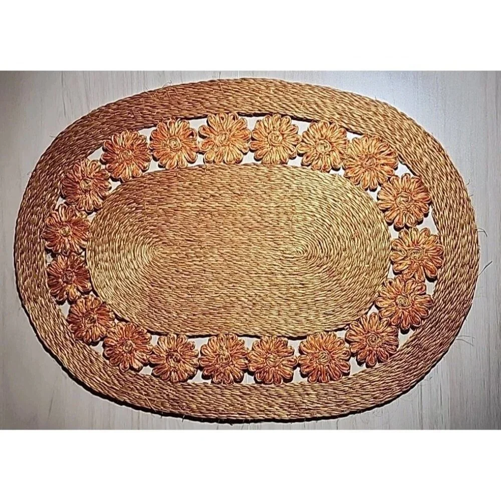 Vintage 1970 Hemp Boho Hippie Orange Daisy Sunflower Oval Placemat Philadelphis